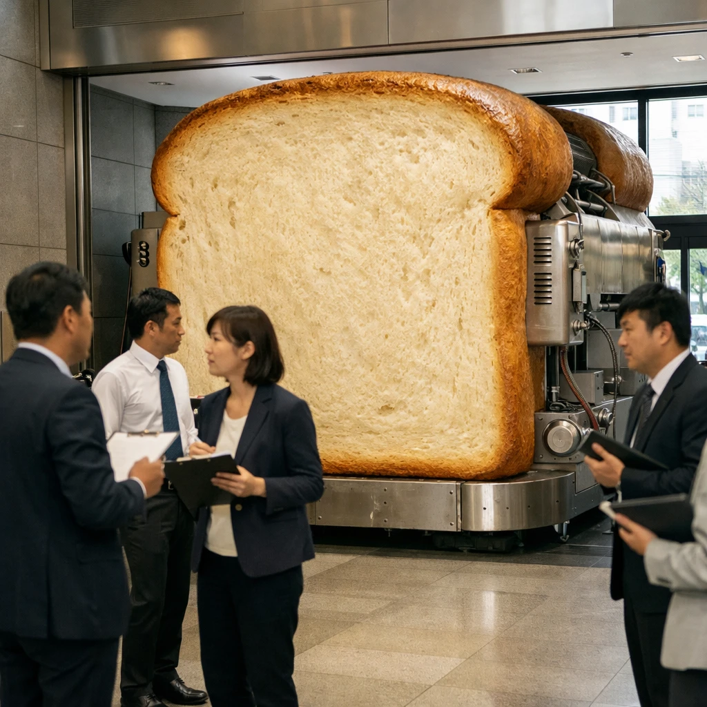 オフィスの入り口を占拠する巨大な食パン型機械と、困惑した表情で立ち尽くす社員たちの様子