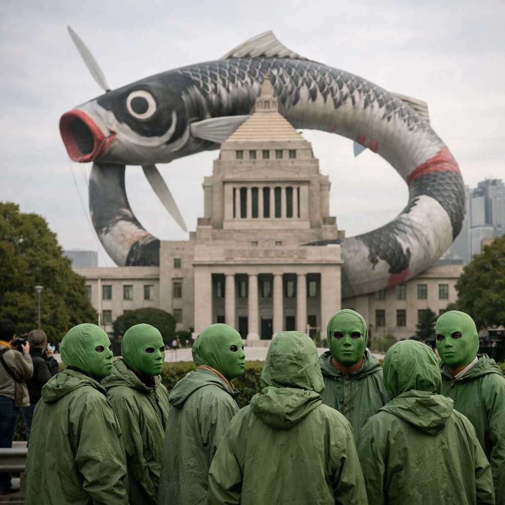 国会議事堂を包囲する巨大なこいのぼり風力発電装置と、手前に集まる顔をグリーンに塗ったポンチョ姿の団体の人々の写真。
