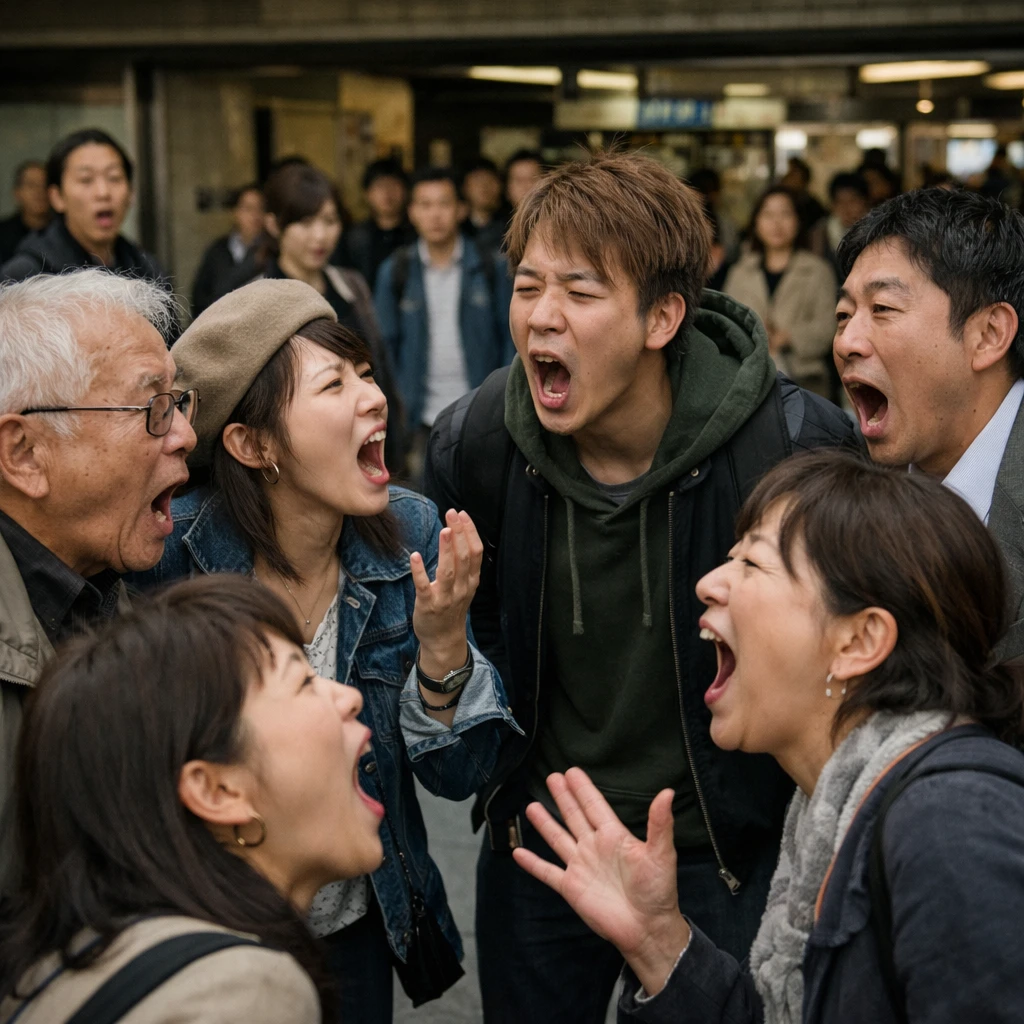日本の駅前で、様々な年代の人々が大きく口を開けて叫び合っている様子の写真。