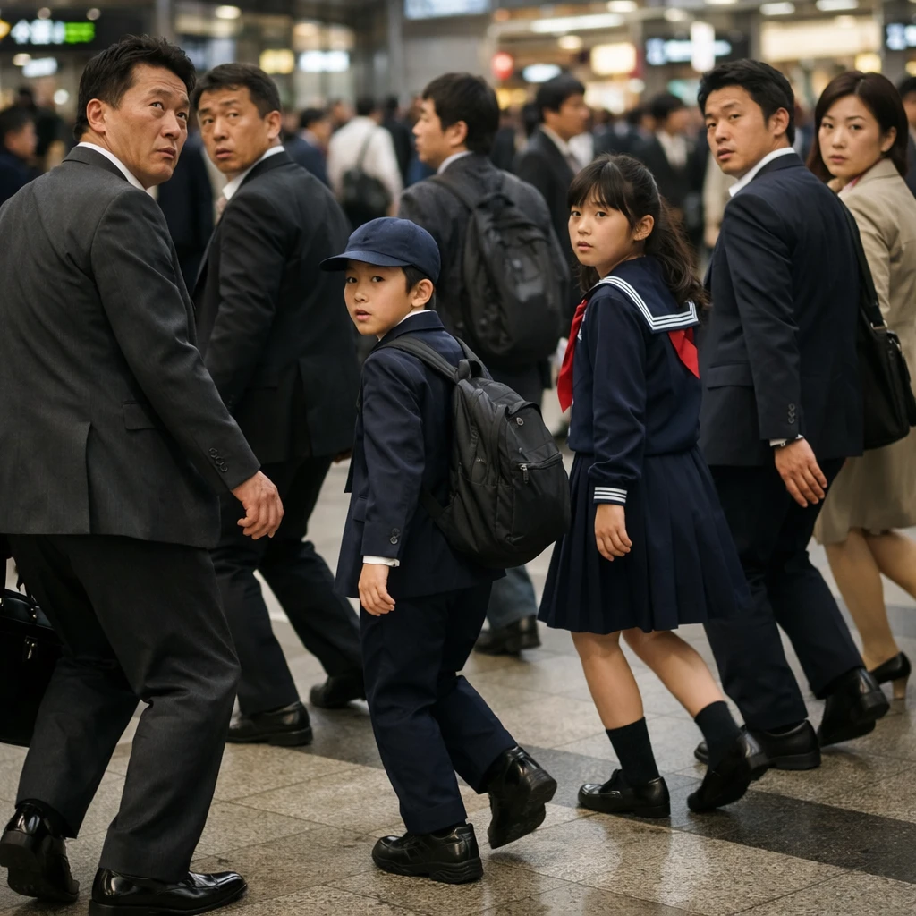 東京の混雑した駅でスーツ姿の通勤者や学生たちが後ろ向きに歩いている様子のリアルな写真。