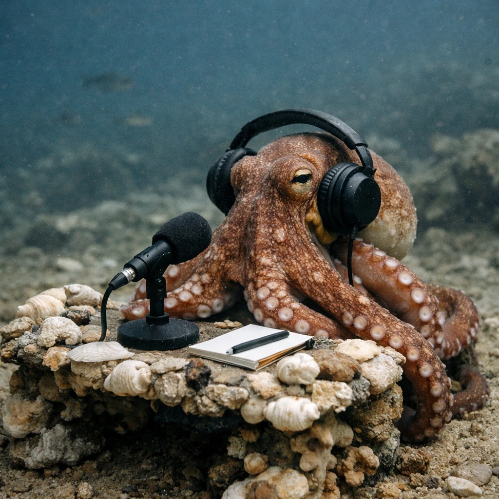 深海の海底でヘッドフォンを着けたタコが貝やサンゴでできた机に向かい、マイクでポッドキャストを録音している様子の写真。