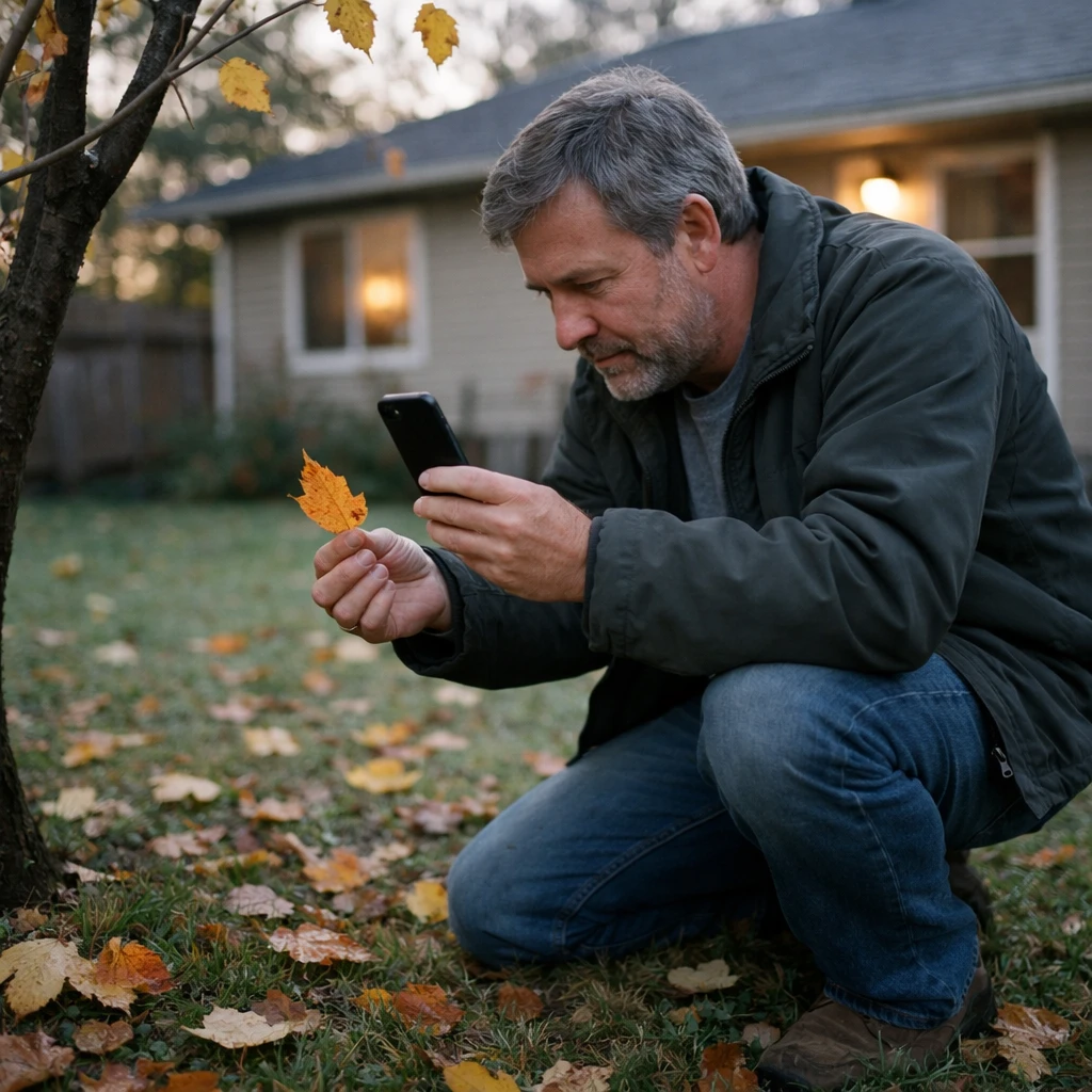 庭の小さな樹の下で落ち葉をスマートフォンで撮影する中年男性の写真。
