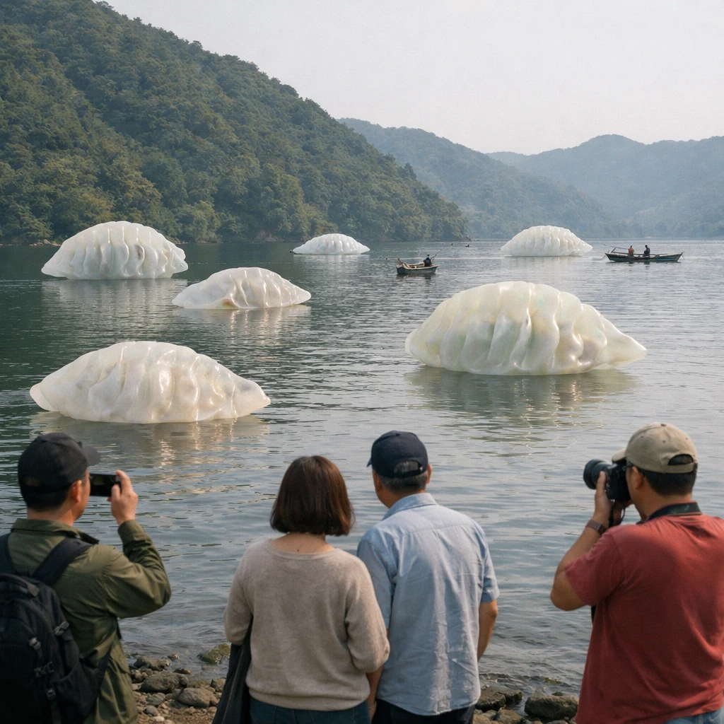 湖面に多数のギョウザ型ホログラムが浮かび、岸辺で人々がそれを眺めている様子の写真。