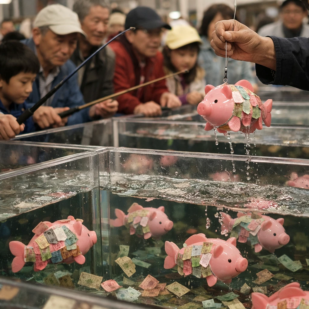 金魚鉢の水槽を囲み、釣り竿で金魚型の投資信託を釣り上げようとする人々の様子。