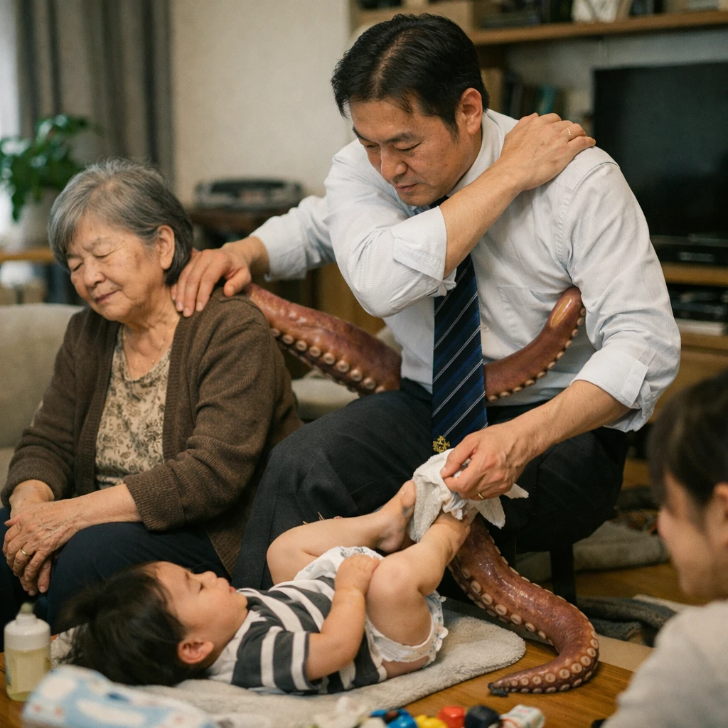 現代的な日本のリビングで、三本目のタコのような足が生えた中年男性が介護と育児と自分のケアを同時進行している様子の写真。