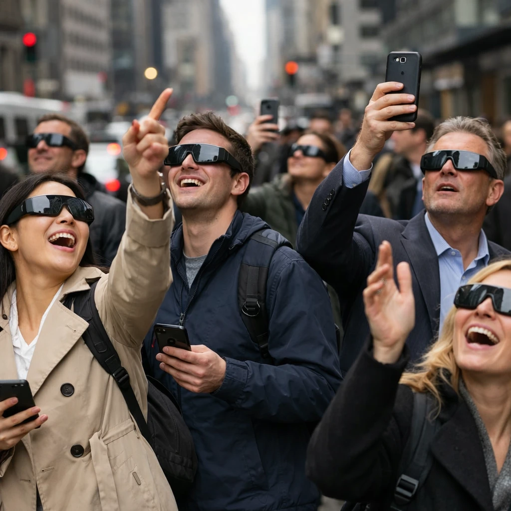 朝の都市の通勤路で、多くの人がARグラスを着用し、スマートフォンを見せながら空中を指差して驚いている様子の写真。
