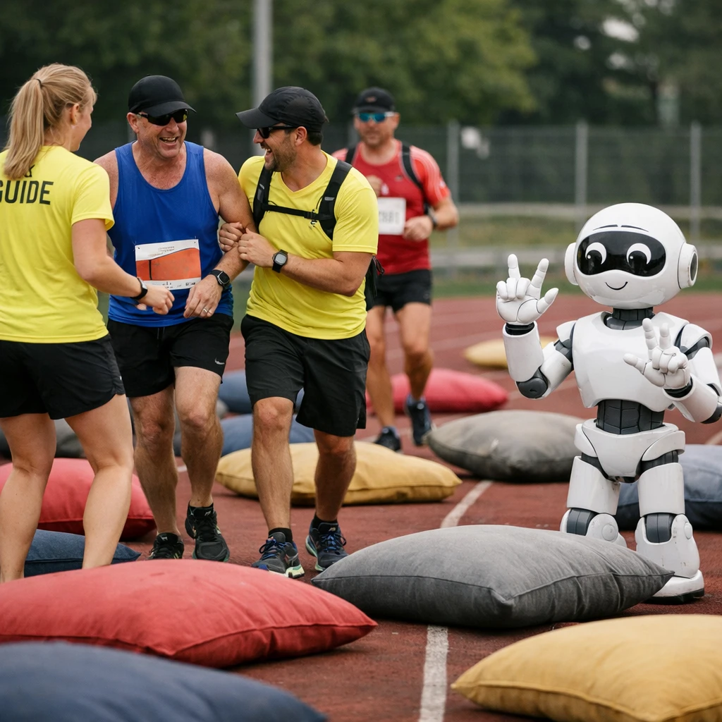 巨大な座布団やロボットが点在するコースで、視覚障がい者マラソンランナーが慎重に走っている様子。