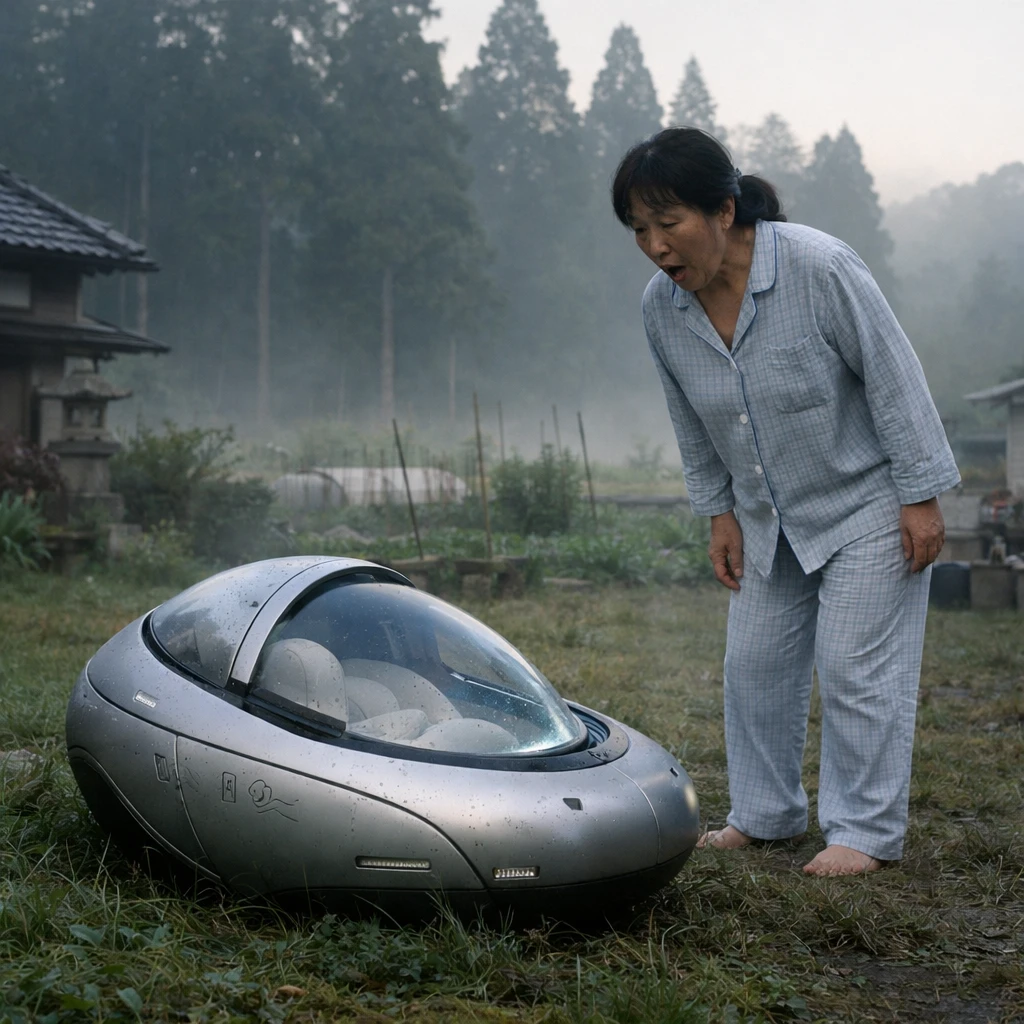 夜明けの日本の庭で、女性が芝生に着地した小さな宇宙ベビーカプセルを驚いて見つめている様子の写真。