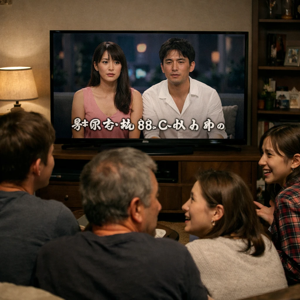 家族がリビングでテレビを見ながら驚きや笑いの表情を見せ、画面には不自然なイカ語の字幕が表示されている様子。
