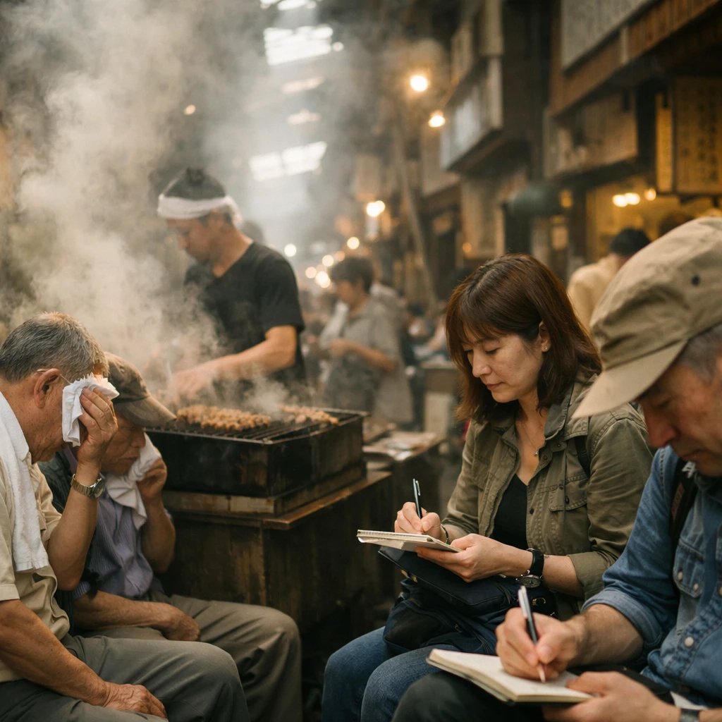 日本の市場で天井から蒸気が立ち込め、高齢者や屋台の焼き鳥屋、ガイドブック編集者が汗をかいている朝の一場面。
