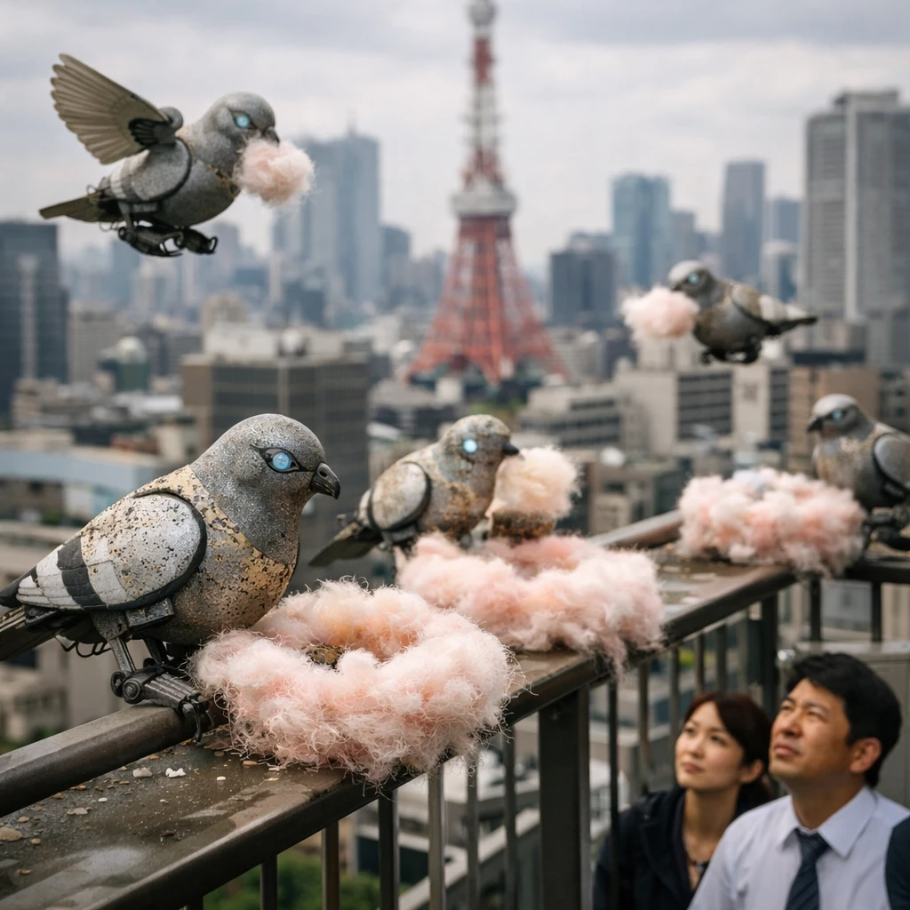 東京の高層ビルのベランダで、ハト型ロボットが綿あめ状の巣を作りながらとまっている様子。