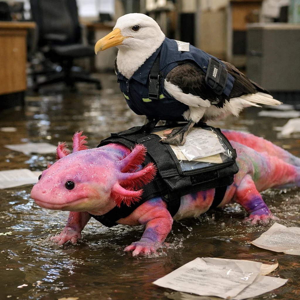 職員服を着たアホウドリがウーパールーパー型介助犬の背に乗り、水で濡れた庁舎の床を移動している光景。