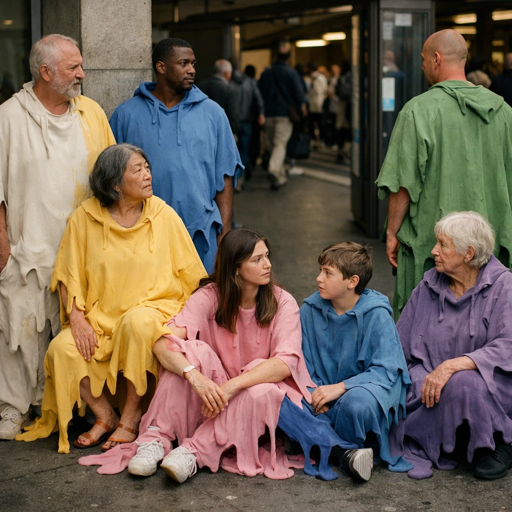 駅前でスライムのように服が混ざり合いながら歩く人々の実写風写真。