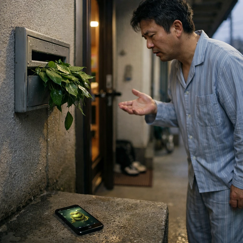 日本の集合住宅の玄関前で、パジャマ姿の中年男性が郵便受けからあふれるぬれた葉っぱを不思議そうに見つめている様子。