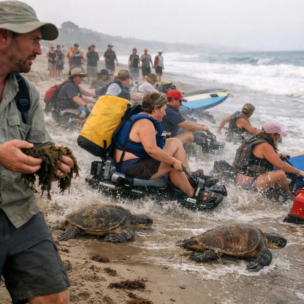 砂浜で特殊なサンダルを履いた人々やウミガメが一緒に波打ち際へと流されている様子の写真。