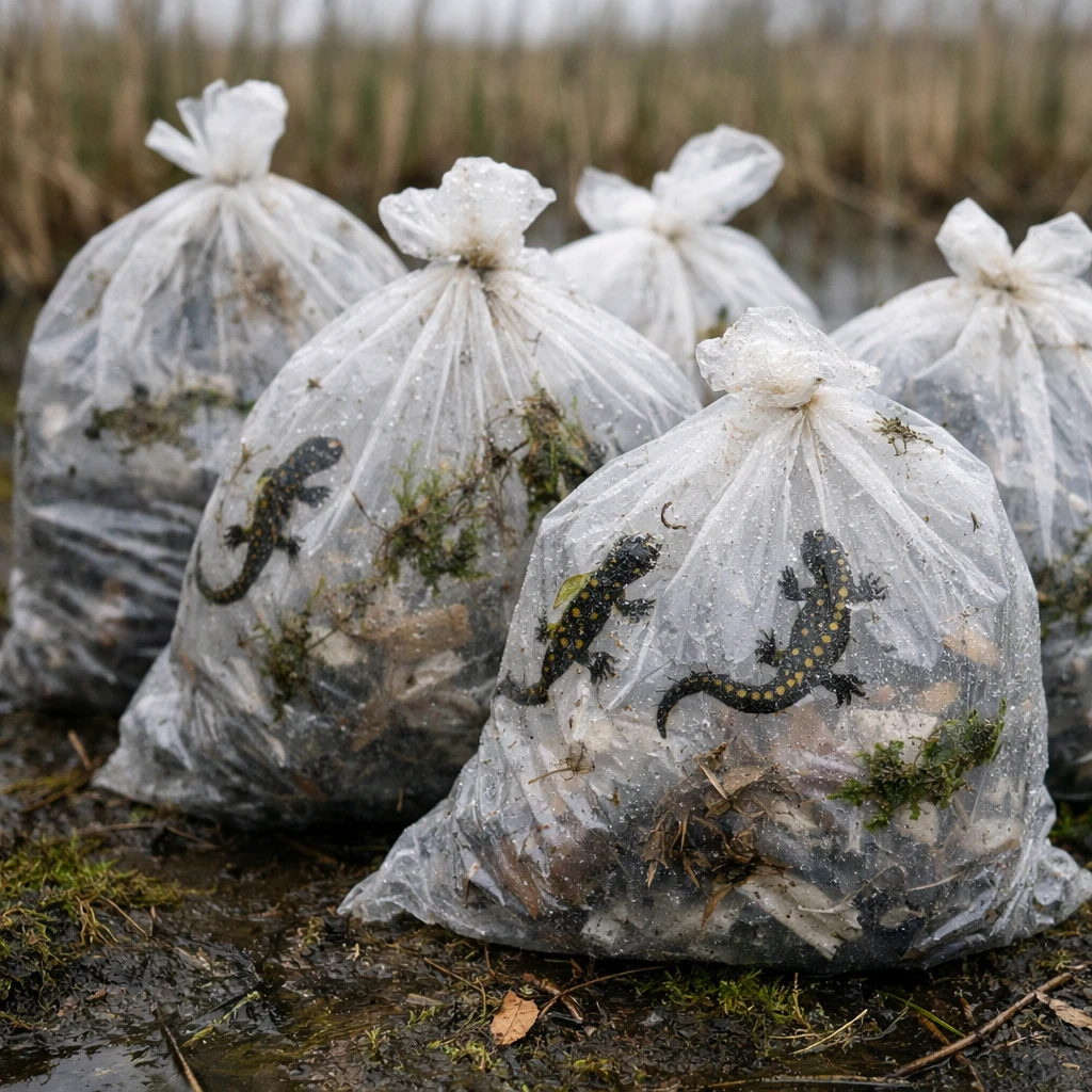 湿地帯の苔むした地面に立つ複数のビニール袋が、水草やサンショウウオ模様を身に付けている様子の写真。