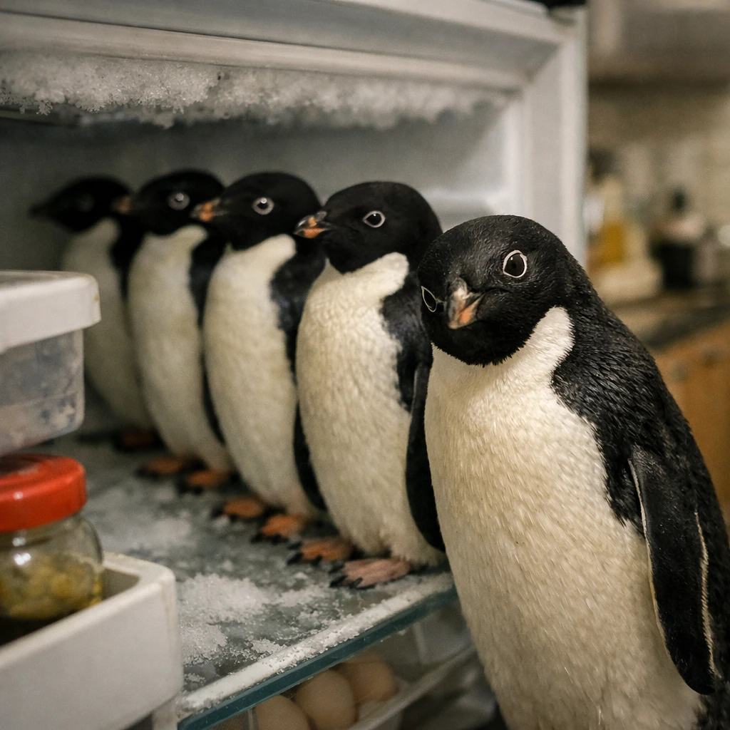 家庭用冷蔵庫の中に立ち並ぶ複数のペンギンたちの実写風写真。