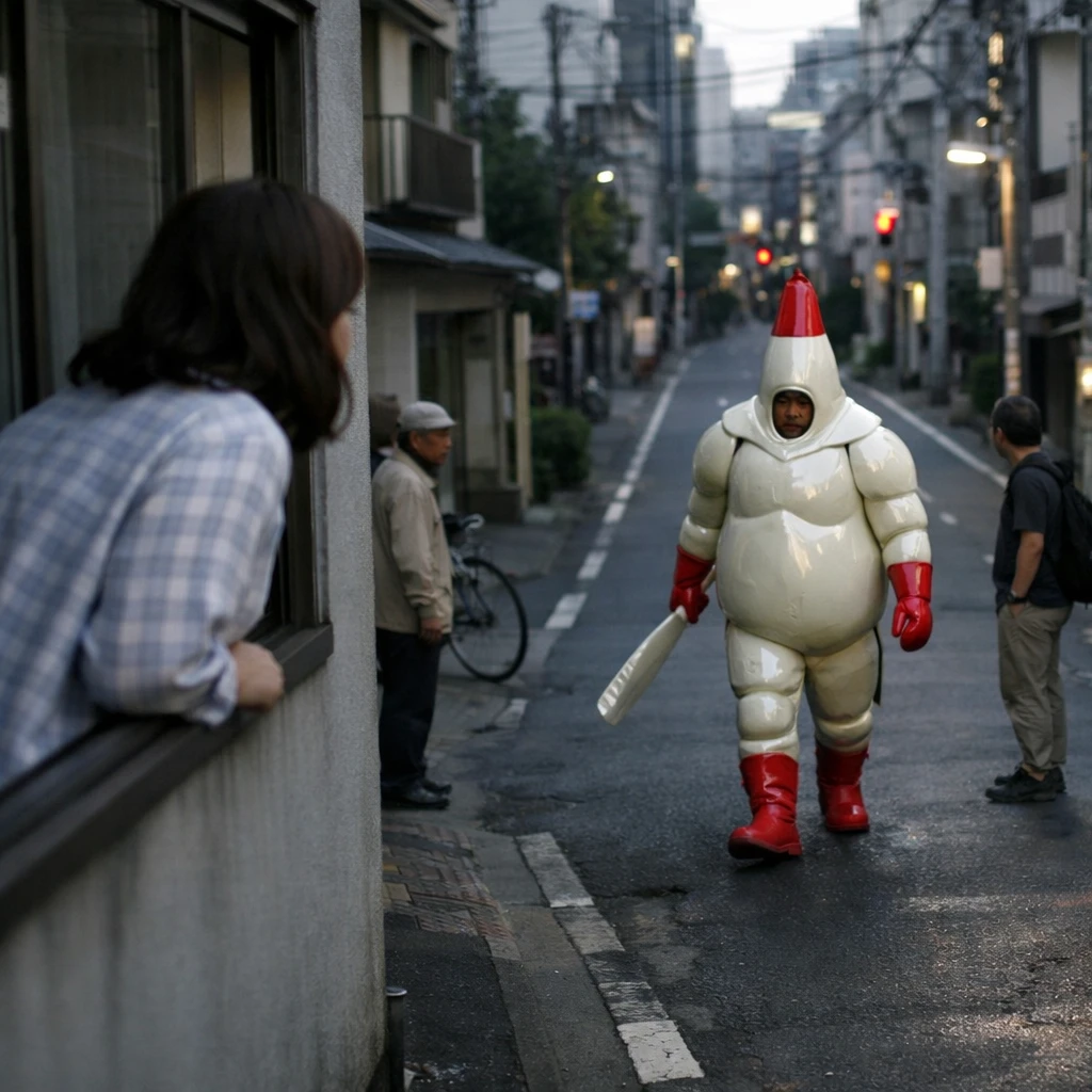 早朝の静かな都市通りを、不思議なコスチューム姿のキャラクターが歩き、窓から見つめる女性や驚いた通行人がいる様子。