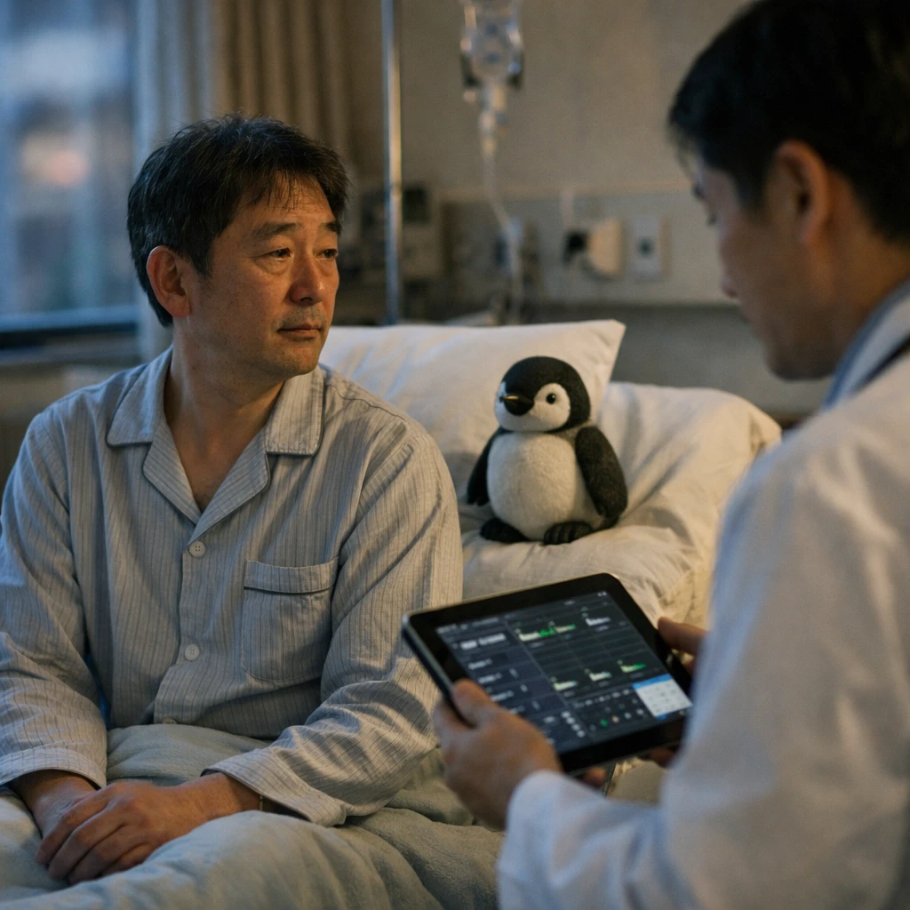 病院の診察室でパジャマ姿の中年男性がベッドに座り、枕元のペンギン型ウェアラブルを横目に医師がタブレットを確認している写真。