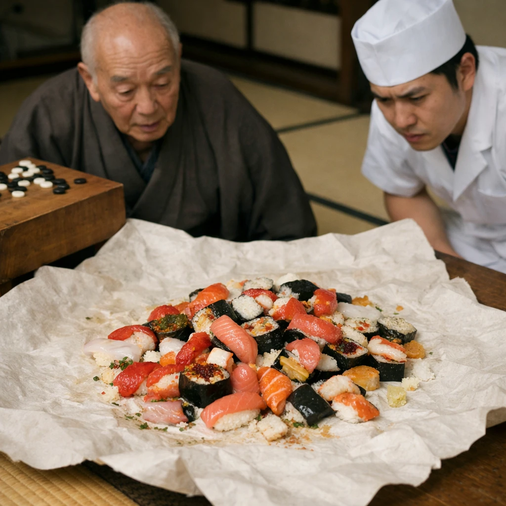 畳の上に広げられた和紙製ふろしきが寿司を吸い込むように崩れている様子を和服姿の審判と寿司職人が困惑しながら見つめている写真。