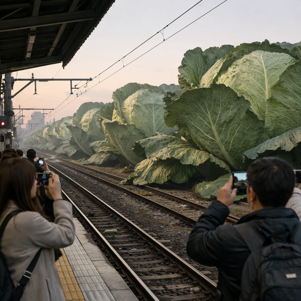 早朝の都市の線路上を巨大なキャベツが一列で進み、通勤客がスマートフォンで撮影している様子の写真。
