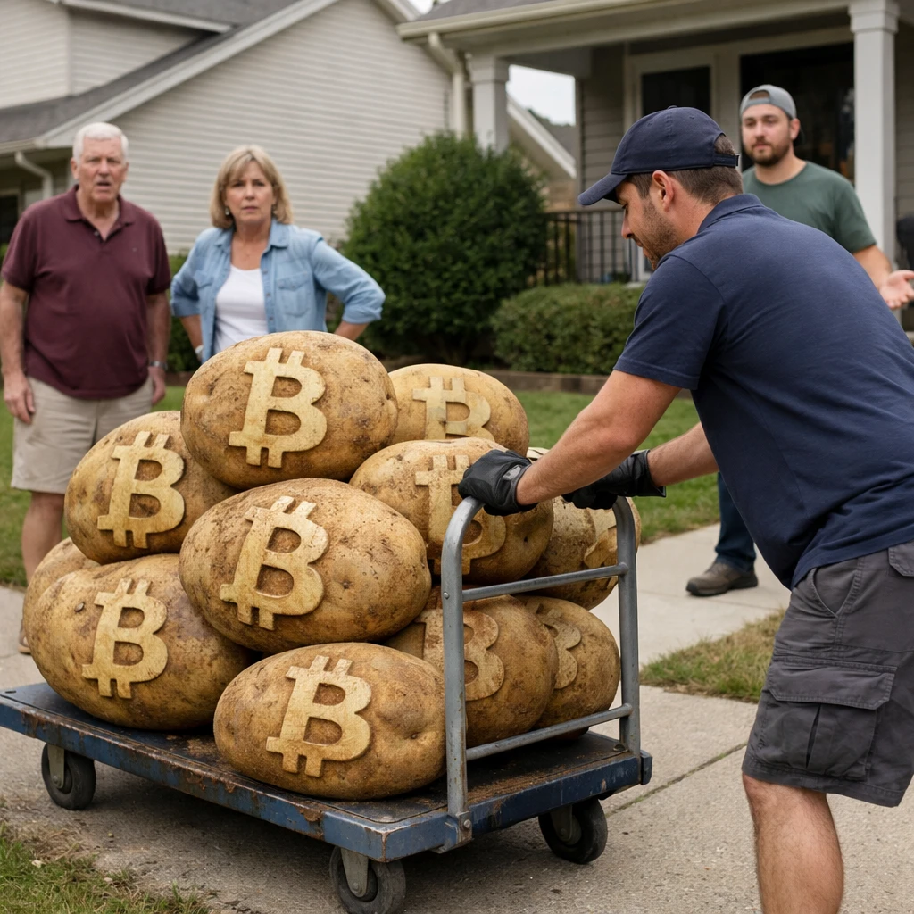 ビットコインの形をした巨大なじゃがいもをカートで運ぶ配達員とそれを見て驚く住民たちの様子。