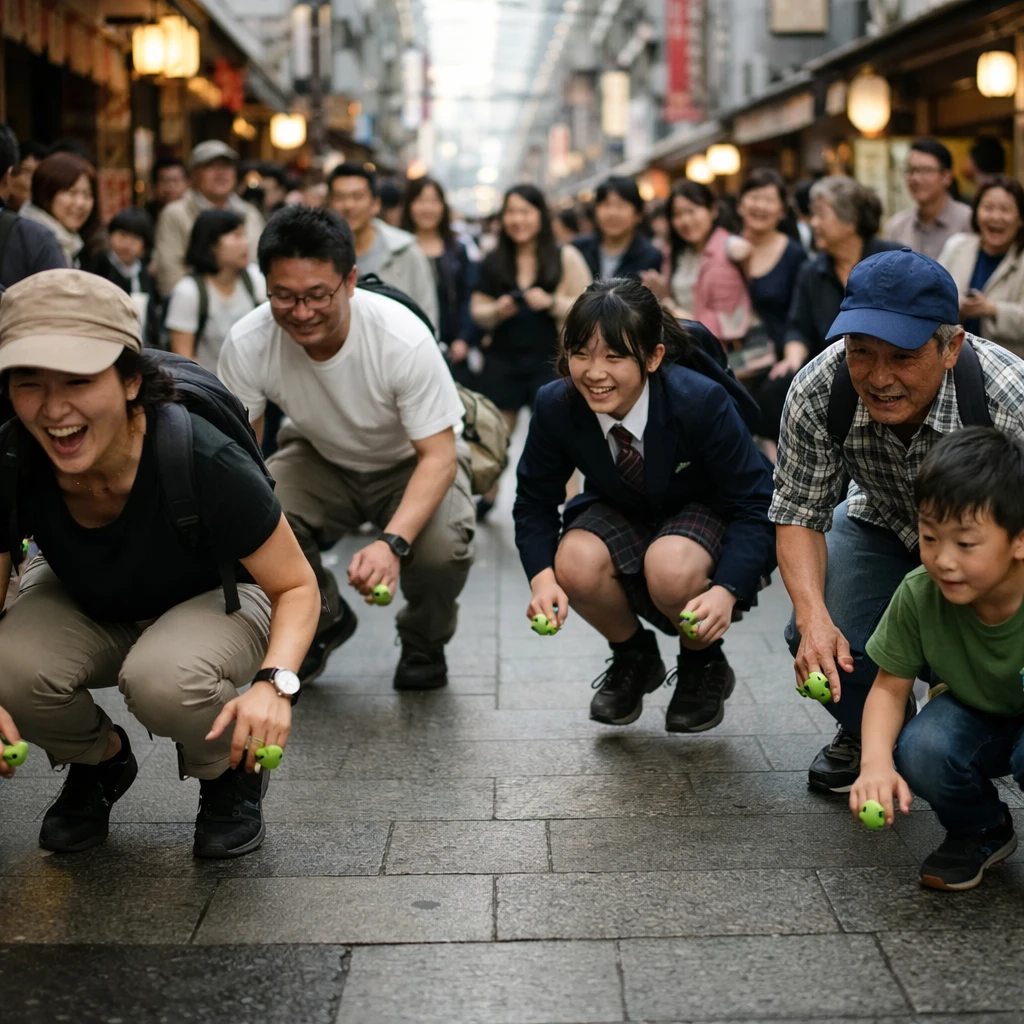 日本の商店街でカエル型スマートリングをつけた人々が一斉にピョンピョンと跳ねている様子の実写風写真。