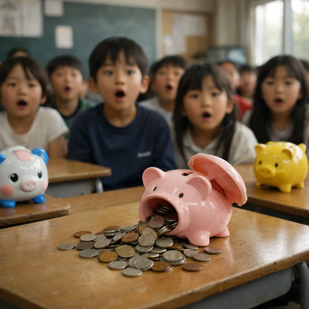 日本の小学校の教室で、生徒たちが机の上の蓋が開いた貯金箱とこぼれ落ちる小銭を驚きながら見ている様子。