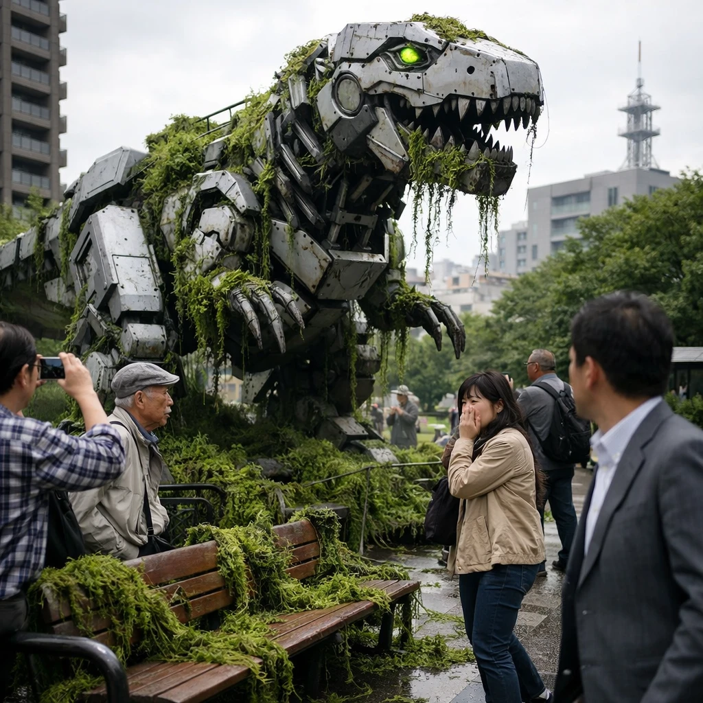 日本の都市公園で巨大な機械が緑をまき散らし、市民が驚きながら見守っている様子の写真。