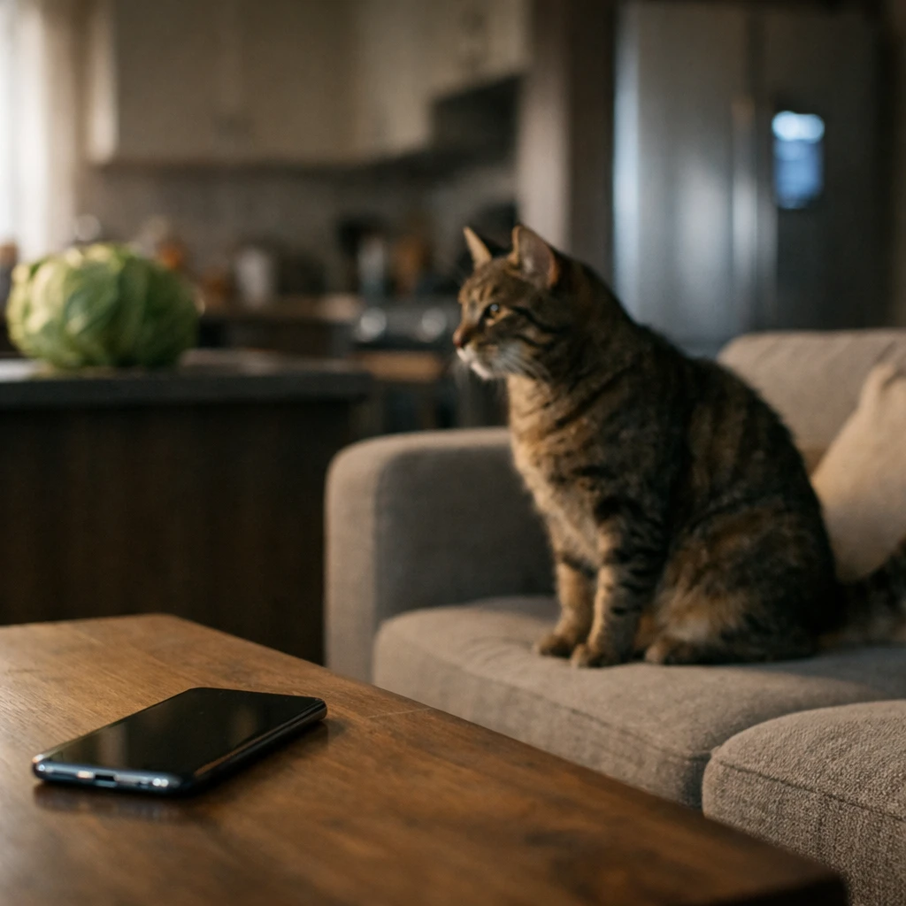 リビングのテーブルに置かれたスマートフォン、動く猫の尻尾、キッチンカウンター上のキャベツ、奥に光る冷蔵庫が見える室内の様子。