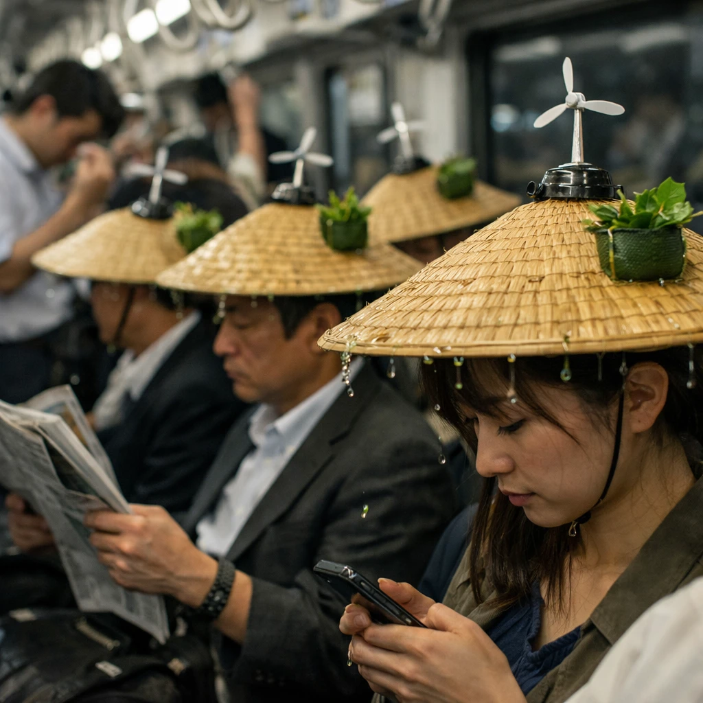 通勤時間帯の日本の満員電車で、風力発電ファンや茶葉ポケット付きの竹林帽子をかぶった大勢の乗客が緑茶のしずくを垂らしている様子。