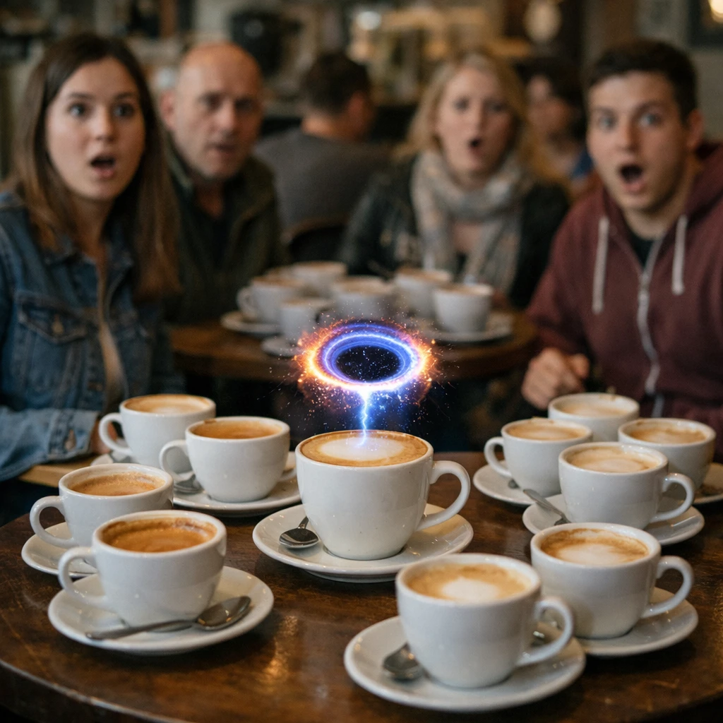 ワームホールが浮かぶラテとコーヒーカップが分裂するカフェ店内を驚いた表情で見つめる客たちの写真。