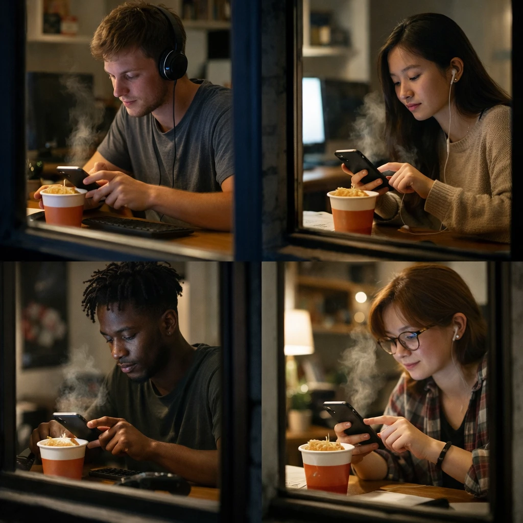 窓越しに、机にインスタントラーメンとスマートフォンを置いて同時にボタンを押す若者たちの姿が複数の部屋で写っている写真。