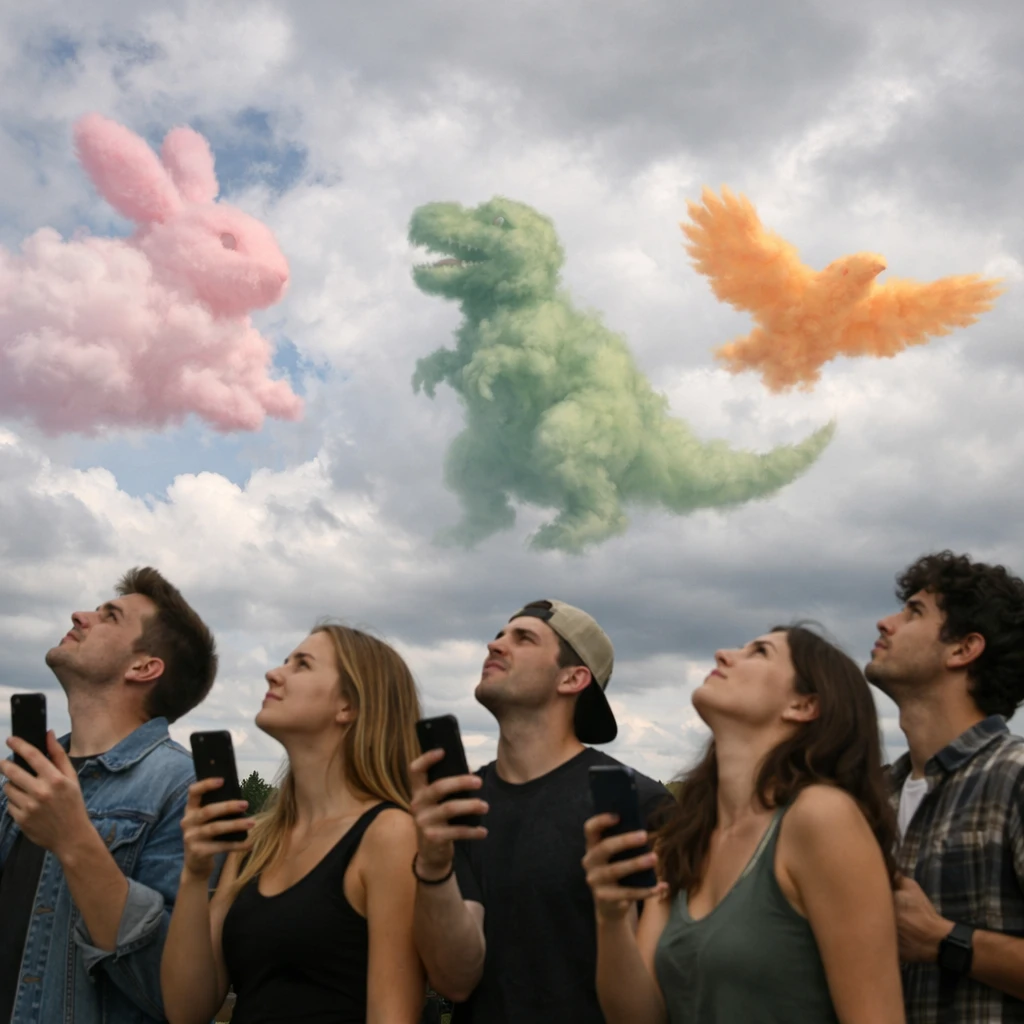若者たちがスマートフォンを片手に、動物の形をしたカラフルな雲が浮かぶ空を見上げている様子。