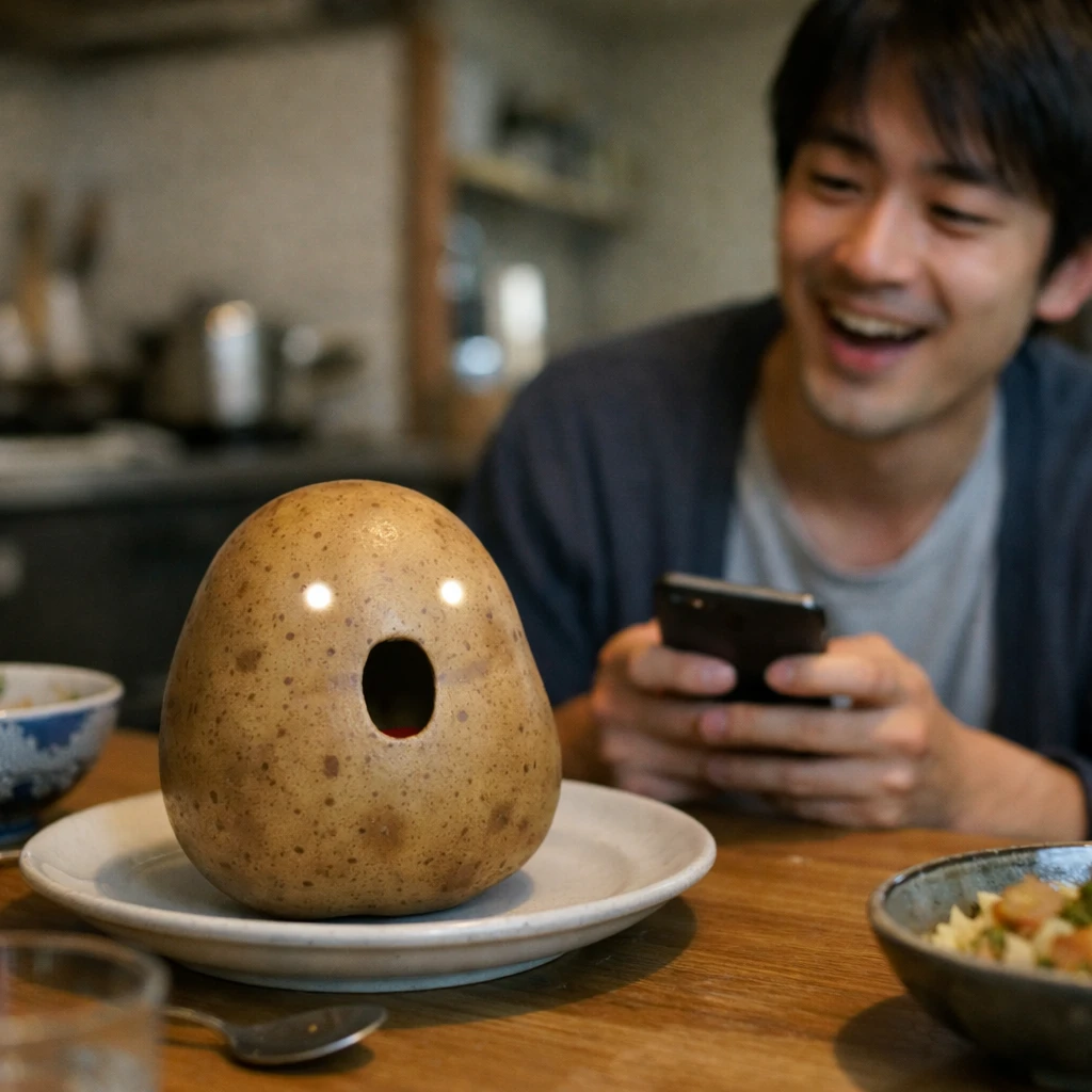 キッチンのテーブルの上でジャガイモ型ロボットが歌っている様子と、それを微笑みながらスマートフォンで見守る若い大人の人物の写真。