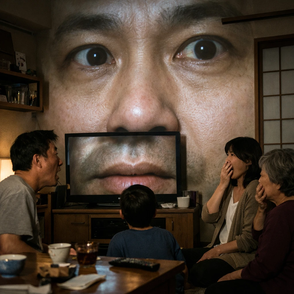 夜の日本のリビングで、巨大な人間の顔が壁やテレビ画面に投影され、家族が驚いている様子の写真。