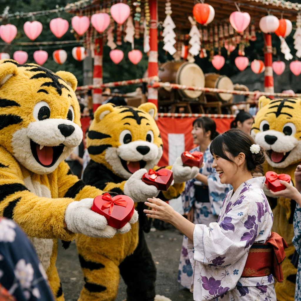 盆踊り会場でトラの着ぐるみを着た大人たちが浴衣姿の参加者にハート型チョコを手渡している写真。