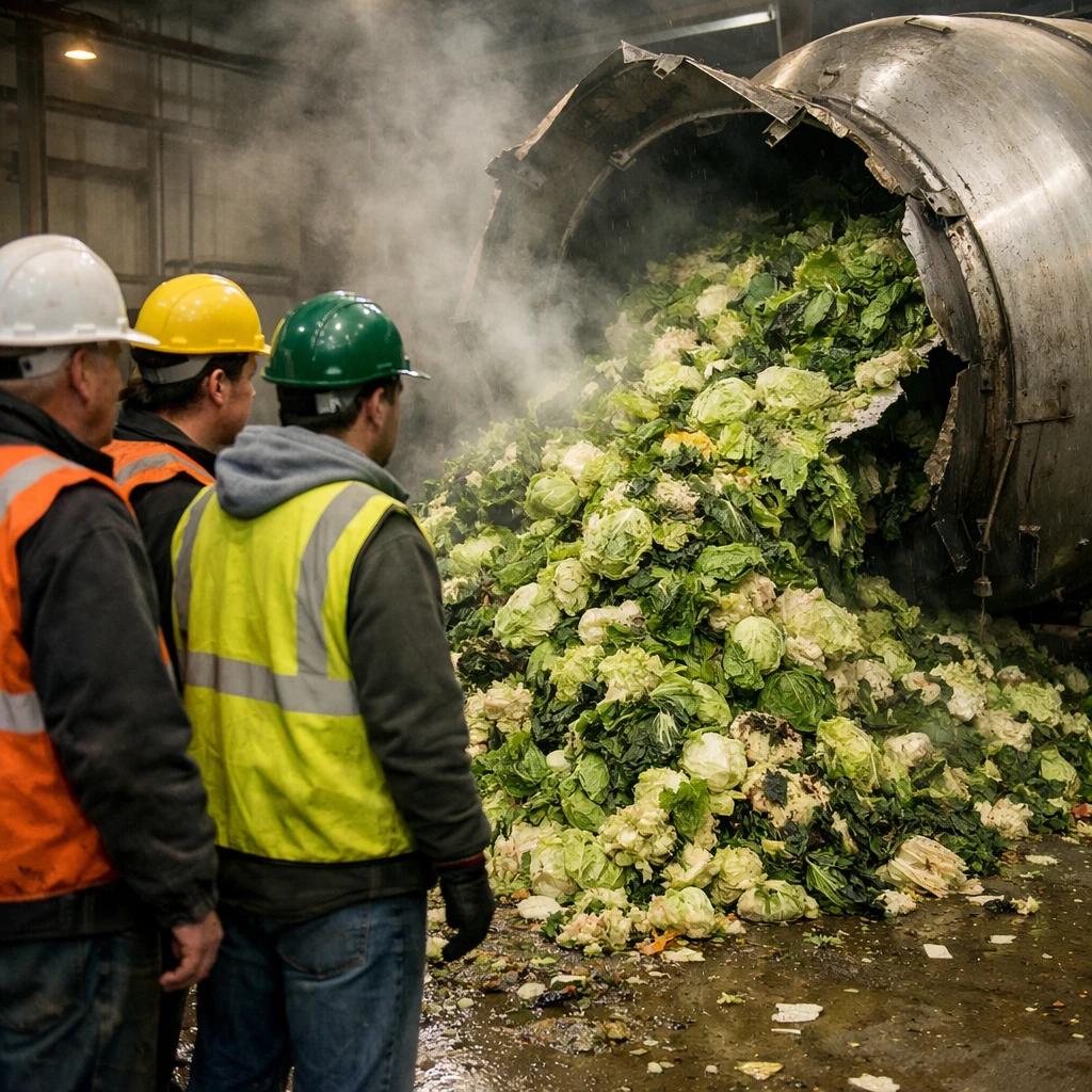 廃棄物処理施設内で壊れたタンクからあふれ出す大量の葉野菜を驚きながら見守る作業員たちの写真。