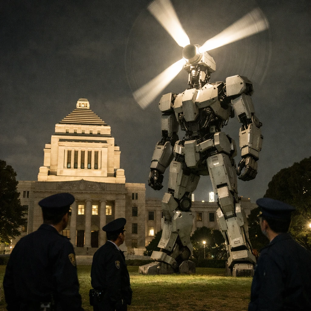 夜の国会議事堂前の芝生に巨大な人型風車ロボットが立ち、タービンが明るく光って回転し、近くで警備員が驚いた様子で見ている写真。