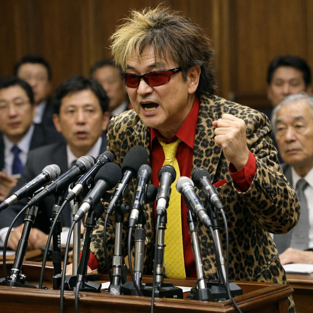 国会議場の演壇で13本のマイクを前に熱弁する中年男性議員と困惑した議員たちの様子。