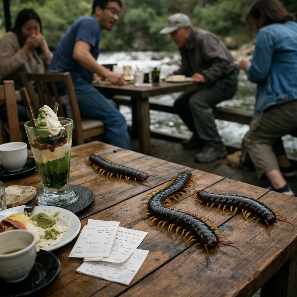 川床カフェのウッドデッキに巨大な百足が這い、驚く客たちが見守る実写風写真です。