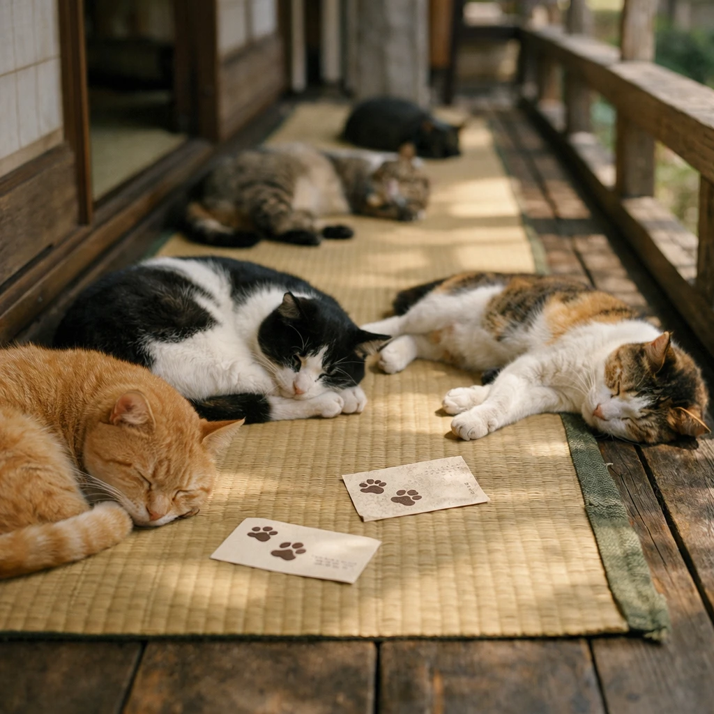 日差しの入る日本家屋の縁側で複数の猫が畳の上で気持ちよさそうに眠っている様子。