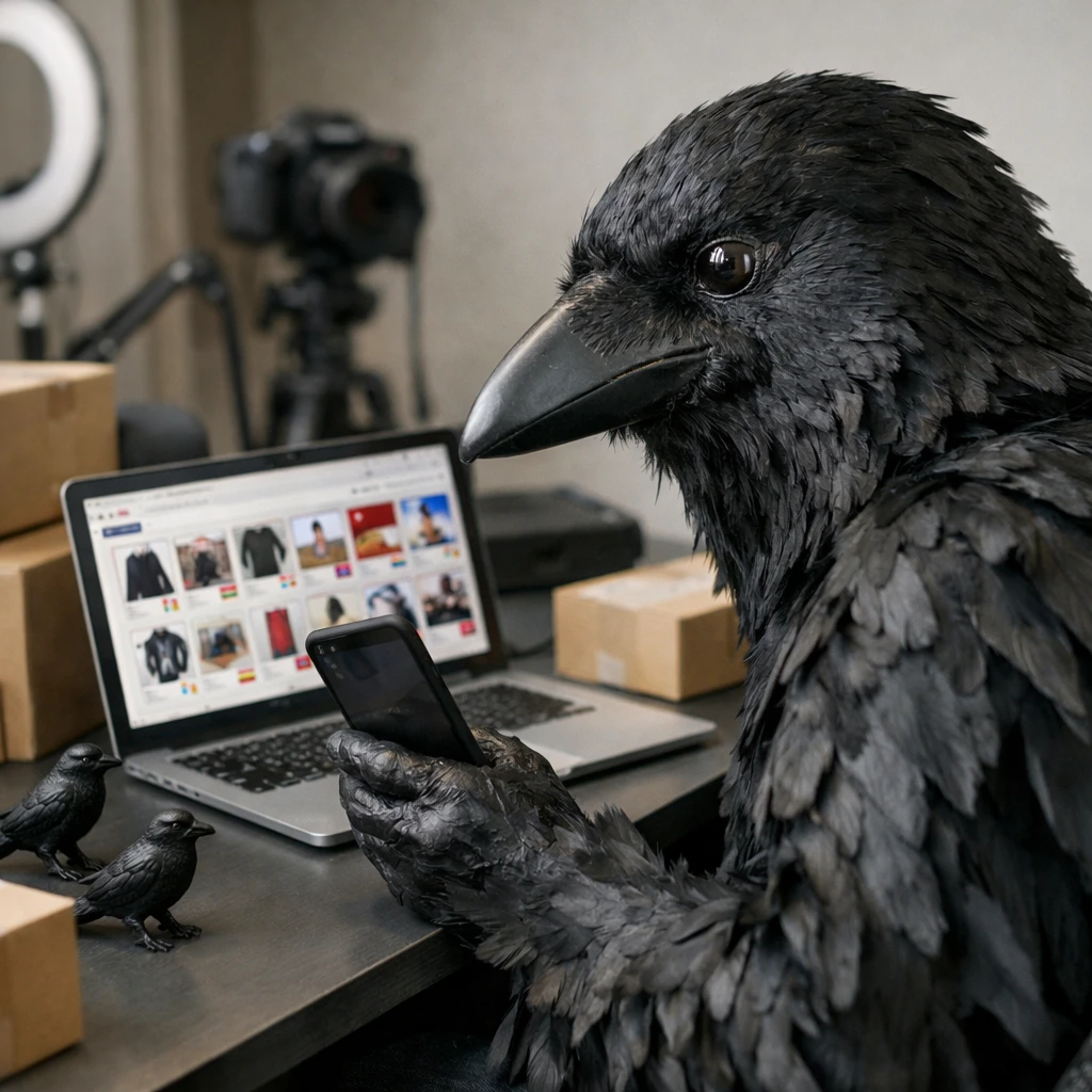 リアルなカラスの着ぐるみを着た人物がノートパソコンの前でライブ配信の準備をしている様子の写真。