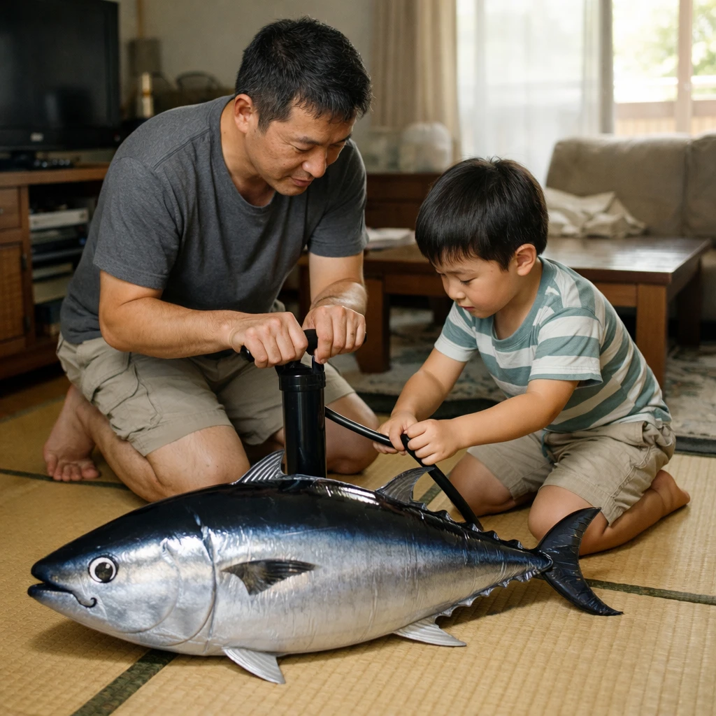 和風のリビングで中年男性と子供が大きなマグロ型バルーン模型に空気を入れている様子。
