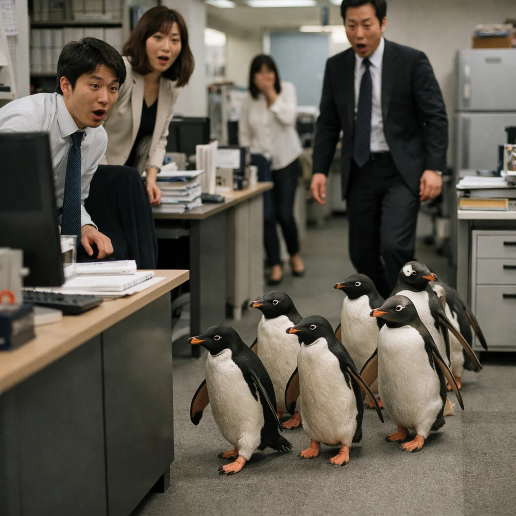 日本のオフィスの執務スペースをペンギンの群れが歩き、驚く社員たちが見守る様子の写真。