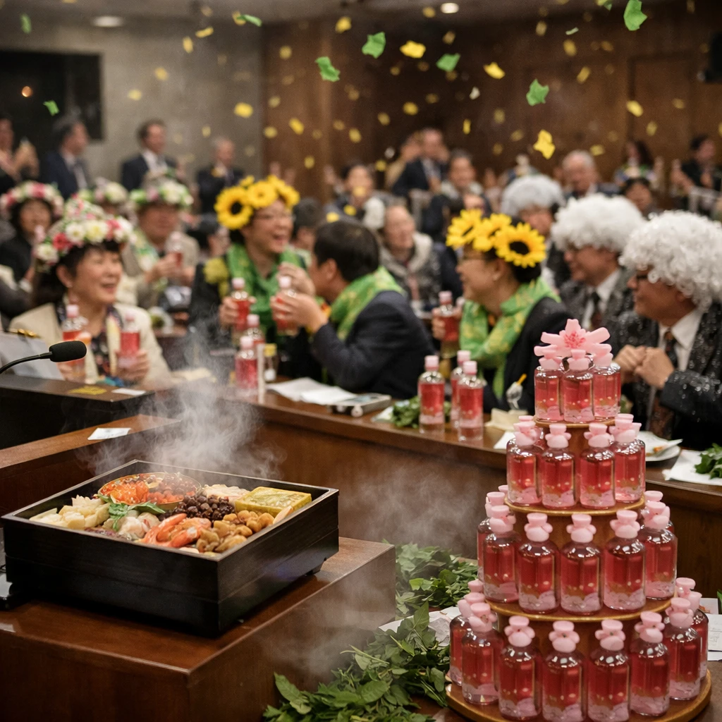 色とりどりの季節をテーマにした衣装を着た議員たちが、ごった返す市議会議場で紙吹雪が舞い、おせち料理や梅シロップ瓶が置かれている様子。