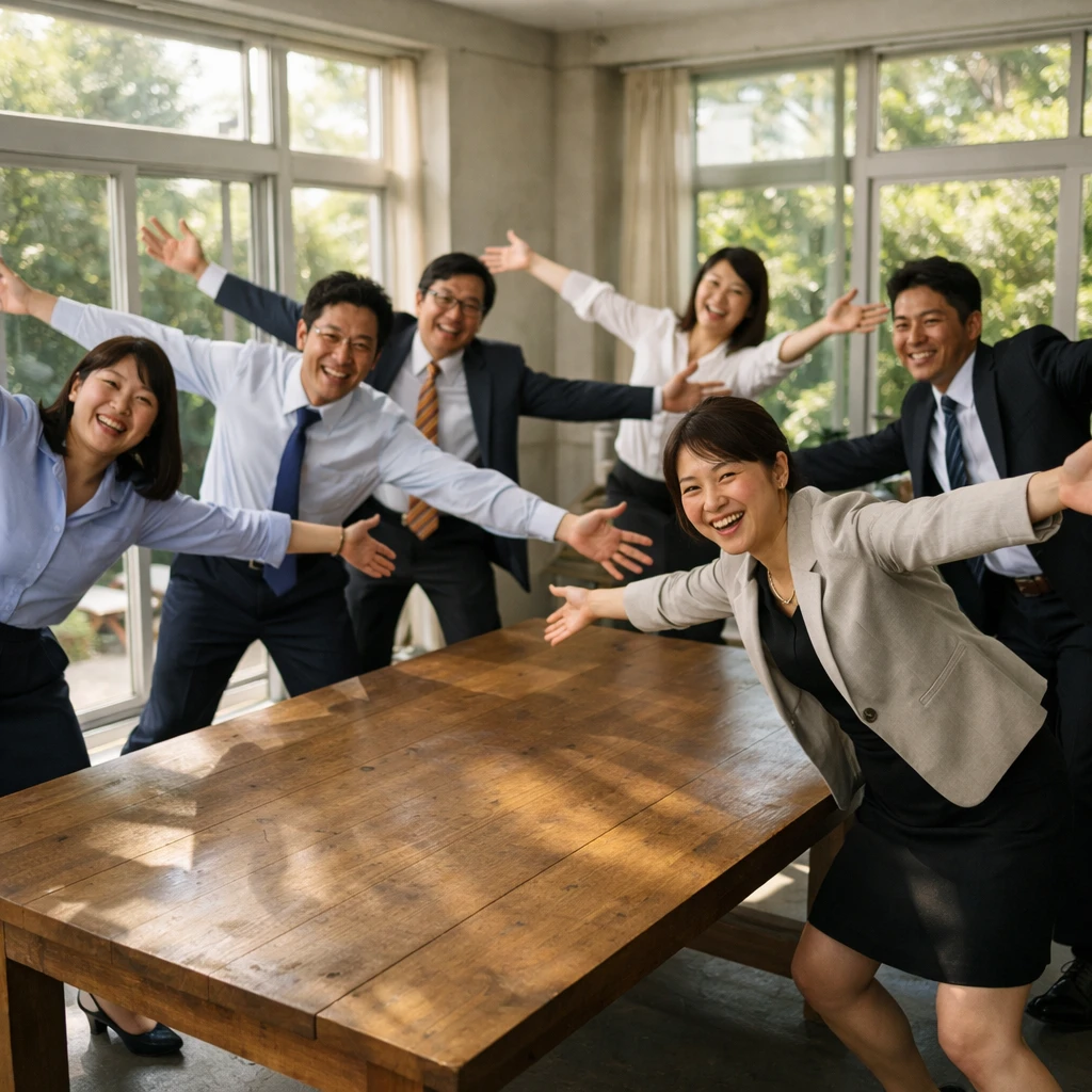 光の差し込むサンルームで腕と脚を広げて立つスーツ姿の日本人社員たちと中央に置かれた大きな木製テーブル。