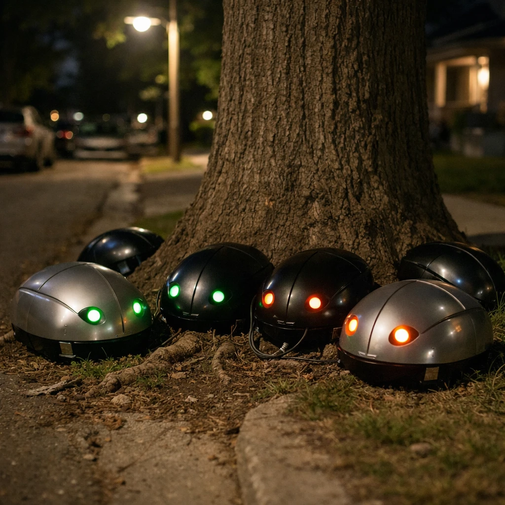 夜の住宅街で街路樹の根元に集まるカブトムシ型の家庭用蓄電池を写した写真。