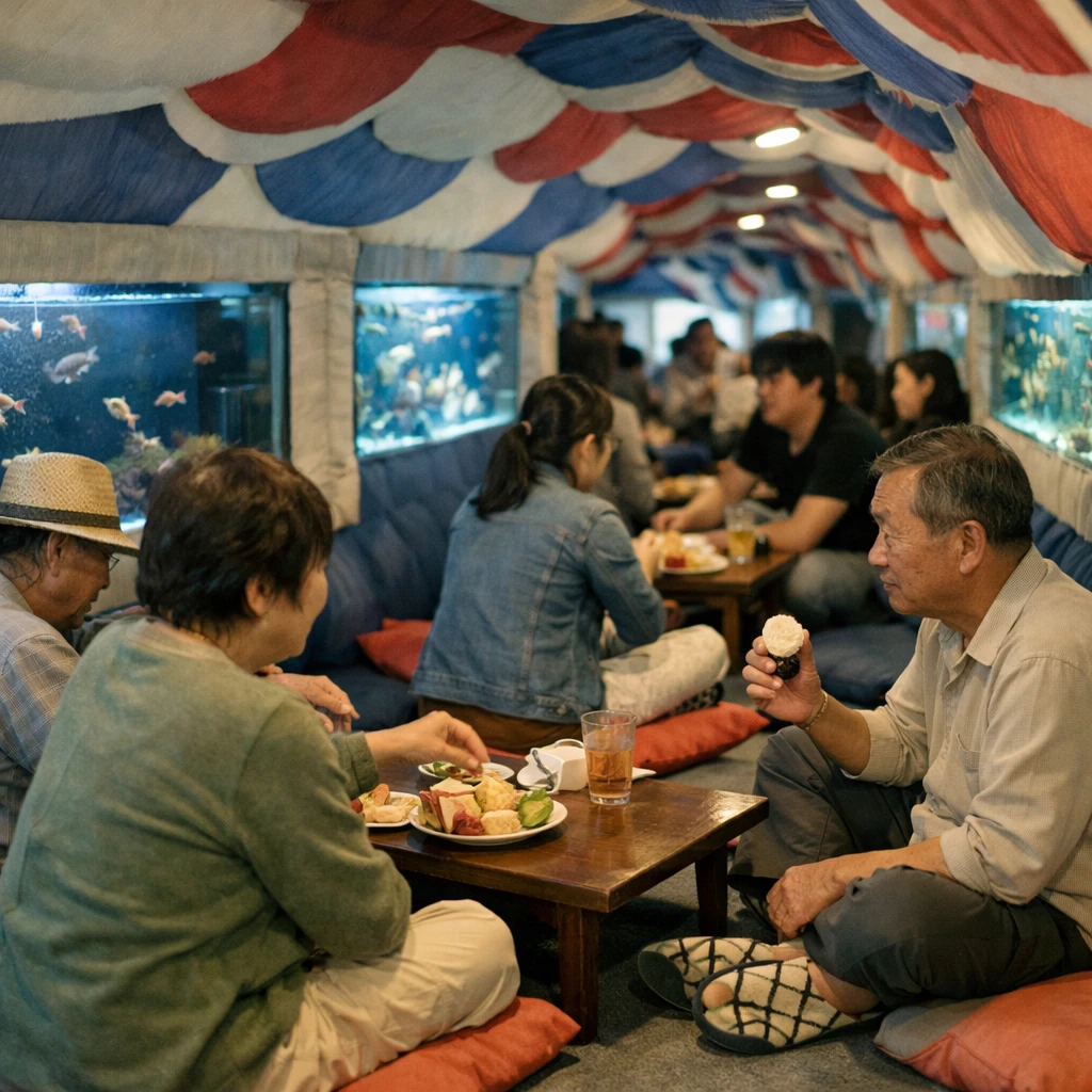 巨大な虹色こいのぼり内部で数人の住民がスリッパを履いてテーブルを囲み、壁の水槽が見える様子。