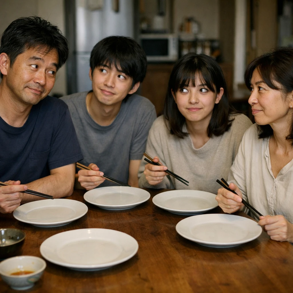 食卓を囲み、空の皿を前に困惑した表情を浮かべる日本の家族の様子。